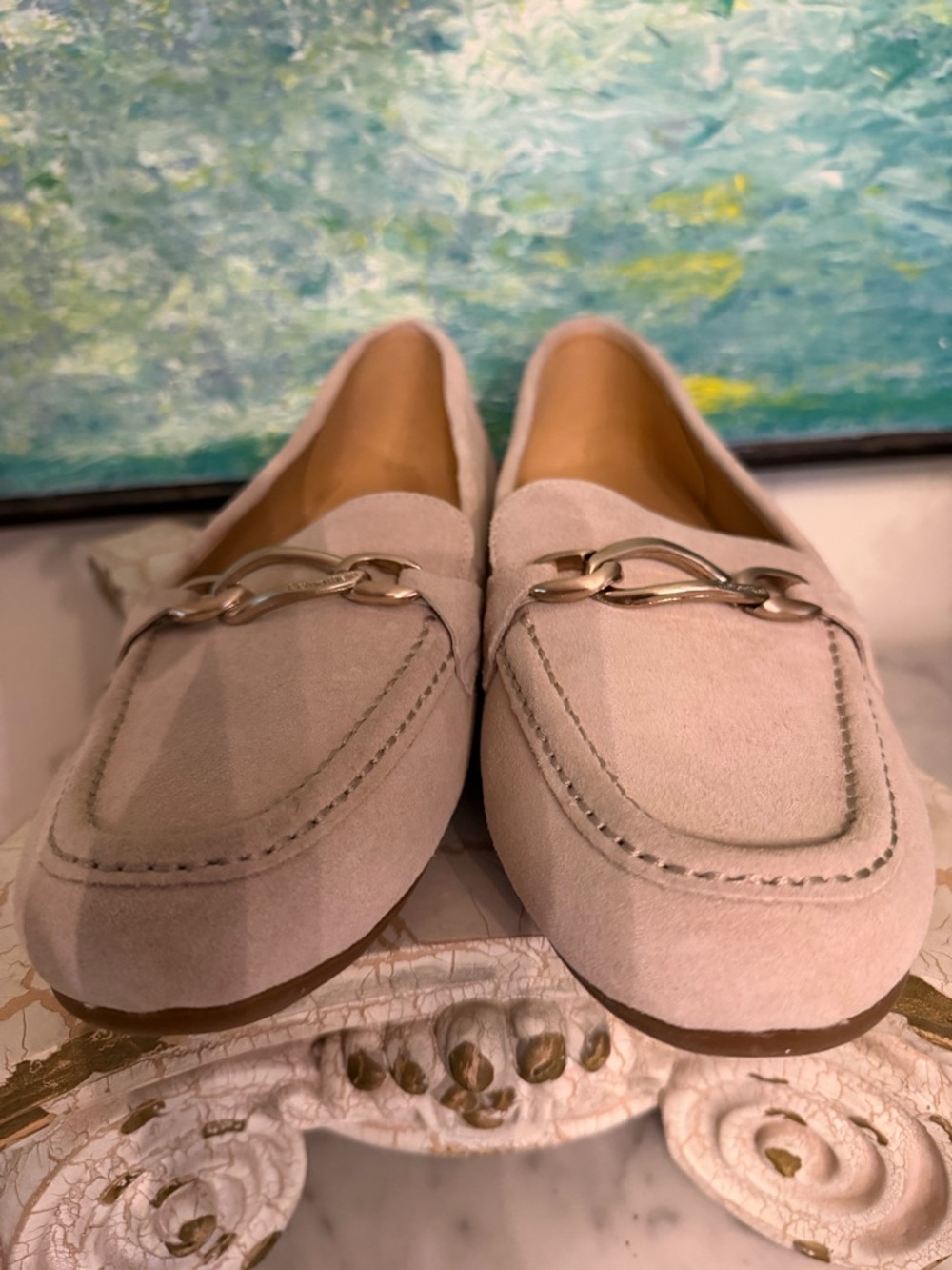 Calvin Klein Lenika Loafers in Light Beige Suede with Chain Accent - Picture 6 of 7